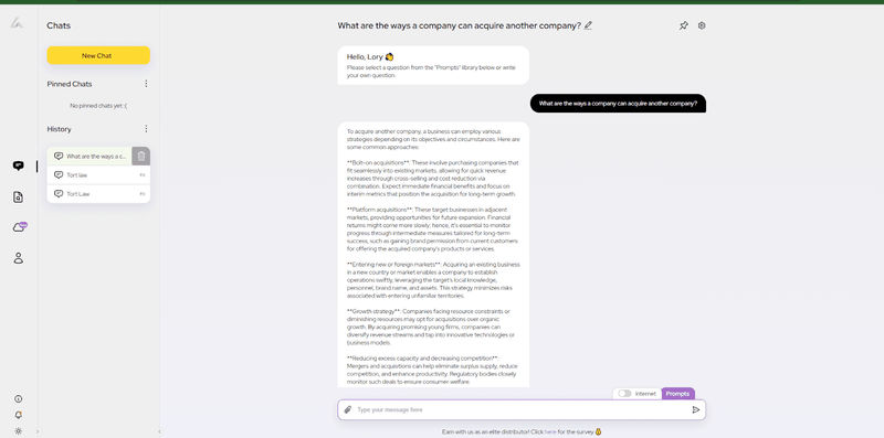 AI Lawyer is a chatbot service that assists users with a range of legal issues.”What are the ways a company can acquire another company?”