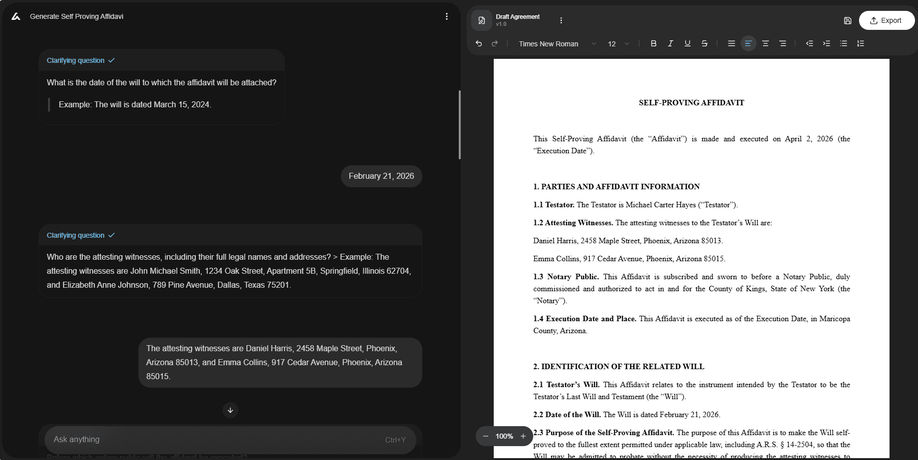 AI Lawyer drafting a self-proving affidavit from chat inputs