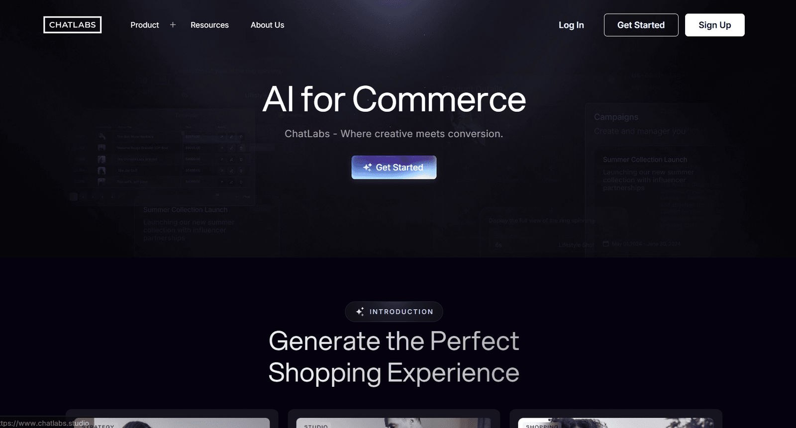 ChatLabs home screen with the title “AI for Commerce,” the “Get Started” button, and a section below about creating the perfect shopping experience with AI.