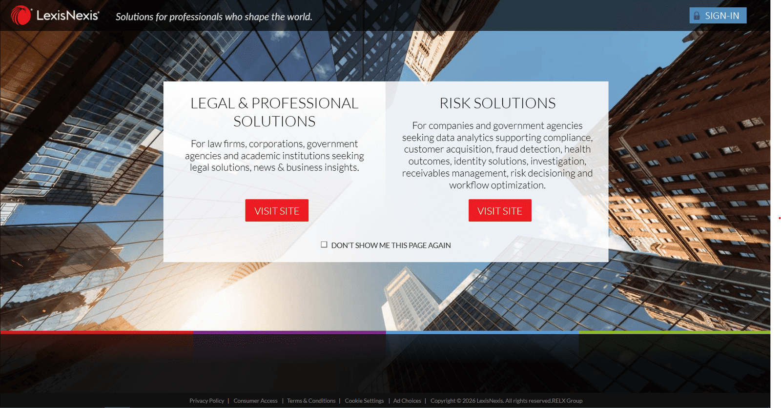Homepage screenshot of LexisNexis showing two navigation options — Legal & Professional Solutions and Risk Solutions — over a city skyscraper background.