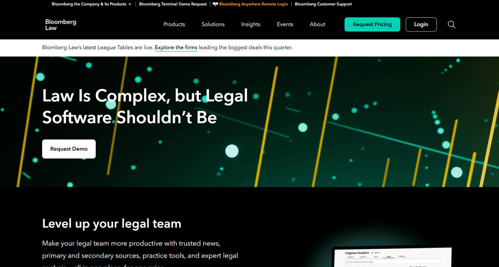 Homepage screenshot of Bloomberg Law featuring the headline “Law Is Complex, but Legal Software Shouldn’t Be” with a request demo button and legal software branding.