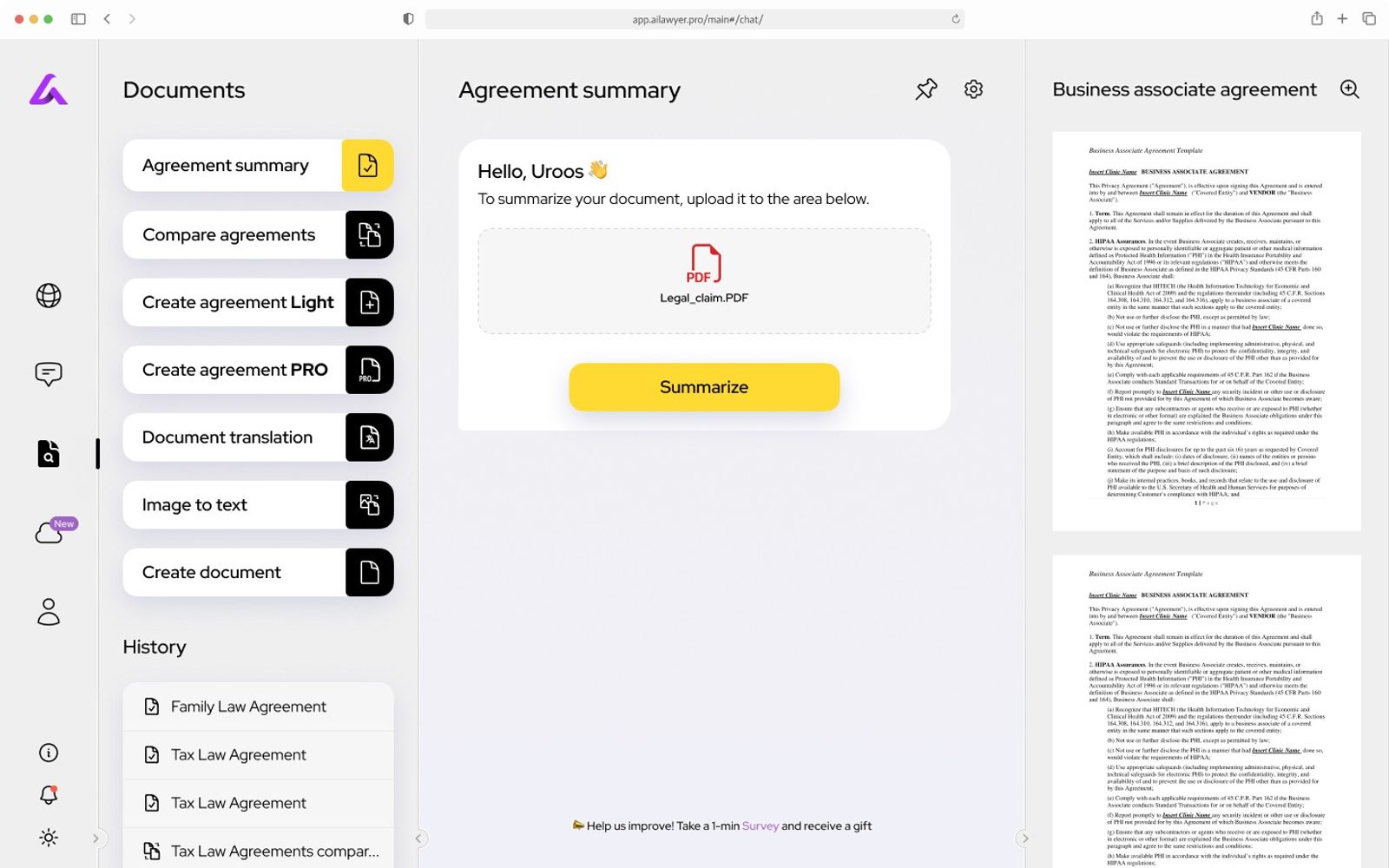 AI Lawyer Documents page