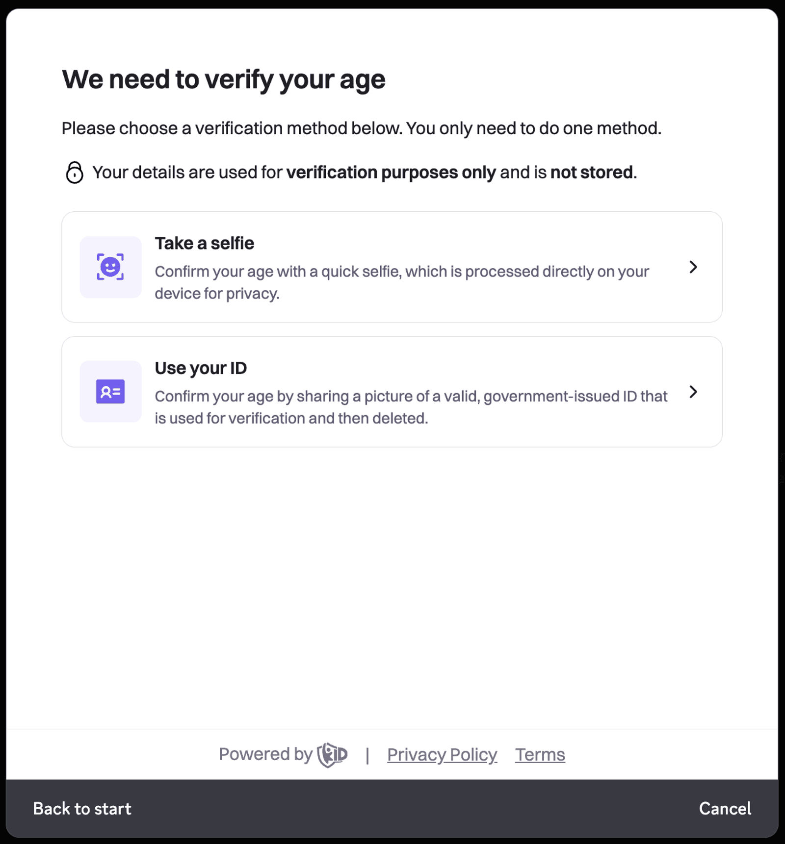 Discord age assurance screen showing selfie or ID verification options