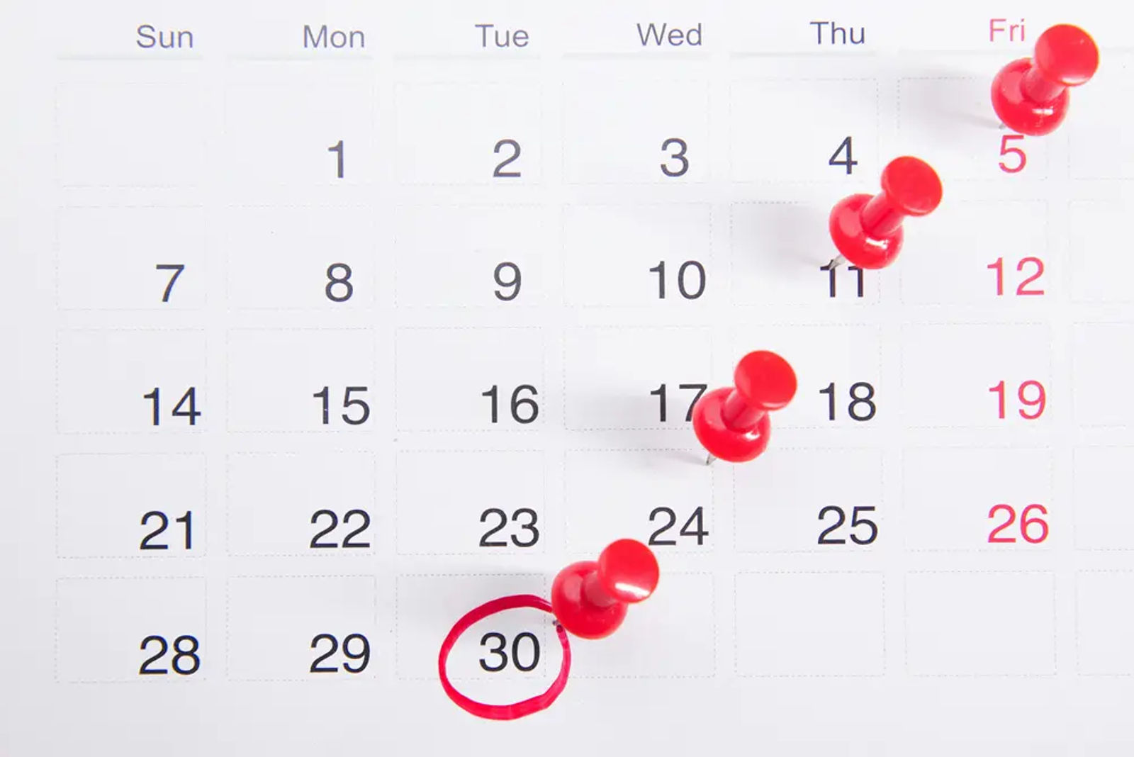 Marked calendar with red pins, symbolizing key dates in a white label agreement.