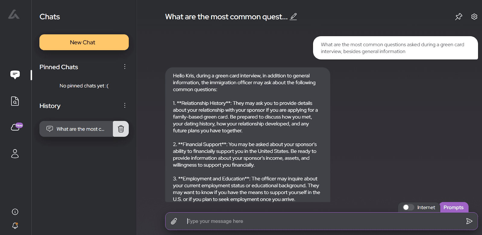 demonstration screen of workong with AI Lawyer about letter for immigration. 
