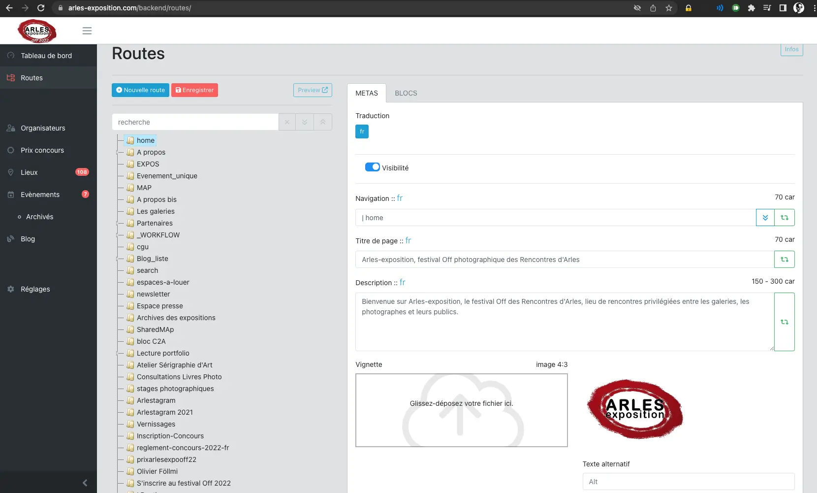 Administration back office for routes and content