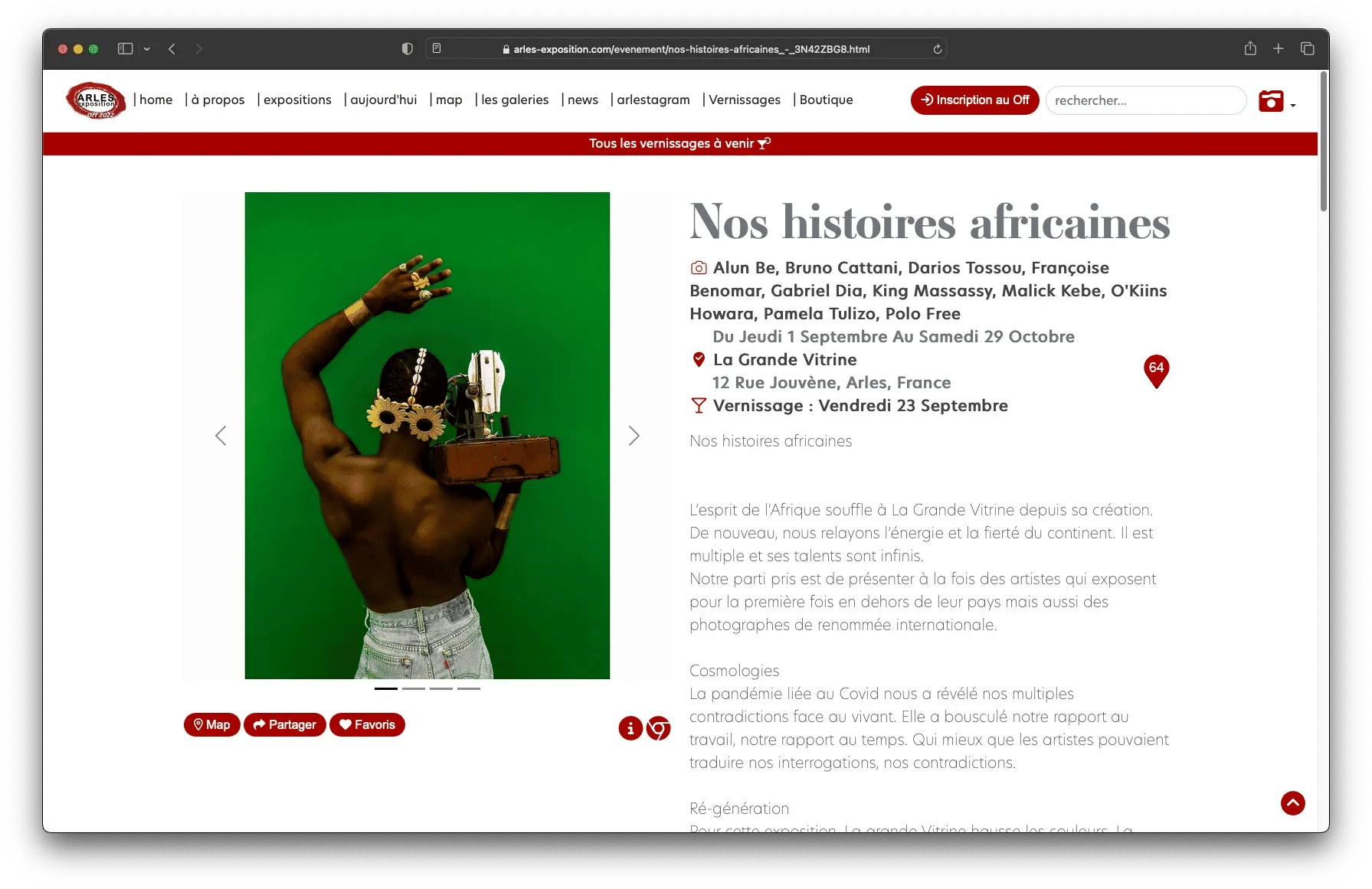 Nos histoires africaines exhibition page on the arles-exposition.com portal