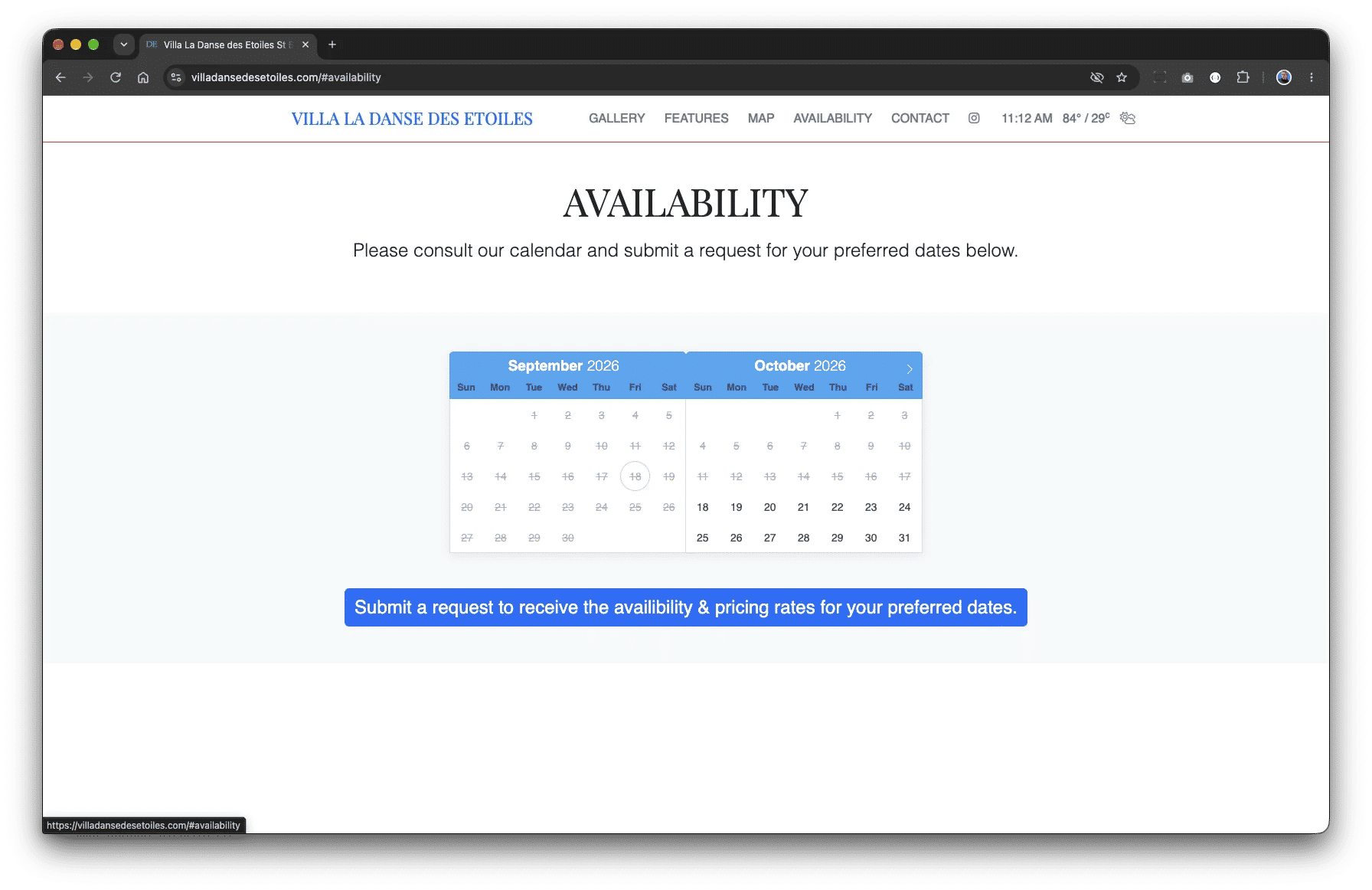 Availability calendar and booking request form