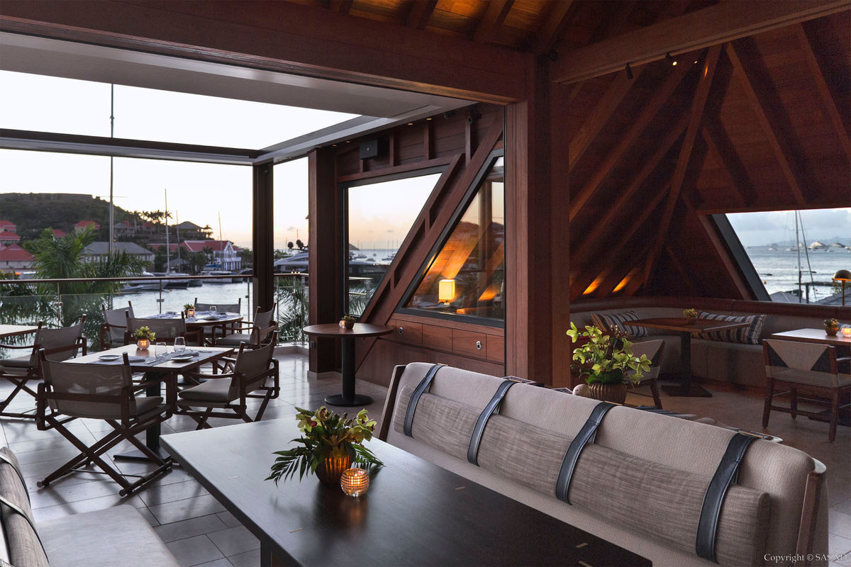 Interior Dining Room evoking the feel of a ship's deck floating above the harbor.