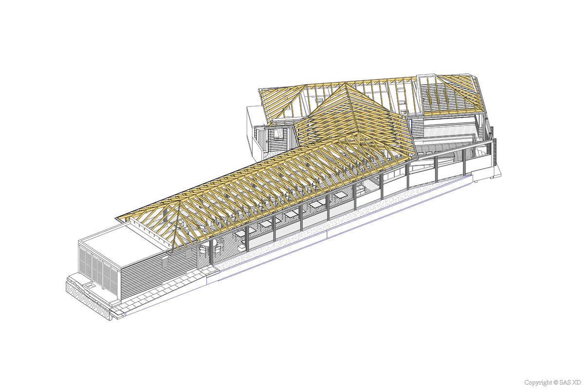 Axonometric model of the roof structure illustrating the connection between the roofs of the Kitchen and the Dining Hall.