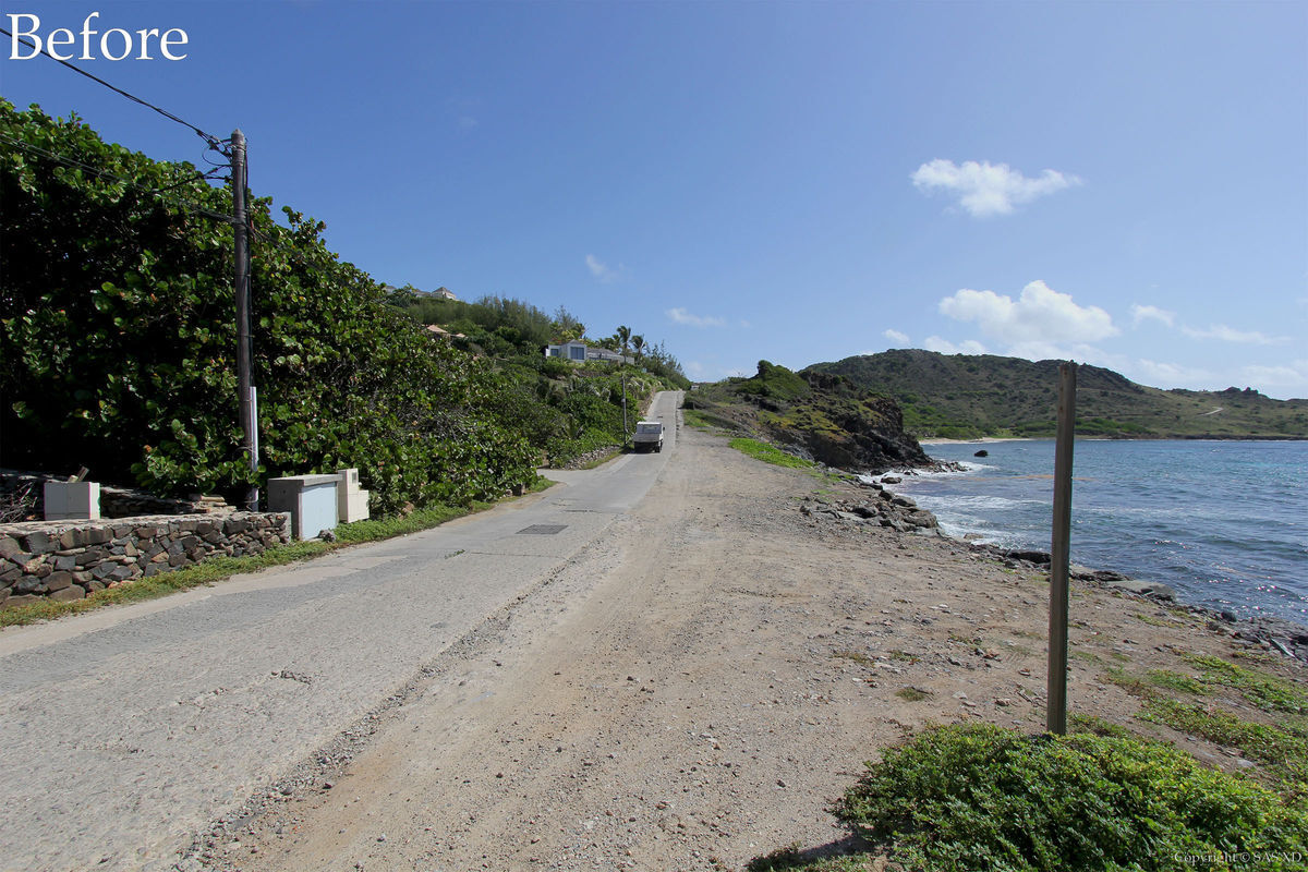 Crumbling road with loose dirt shoulders before redesign by Bureau Xavier David.