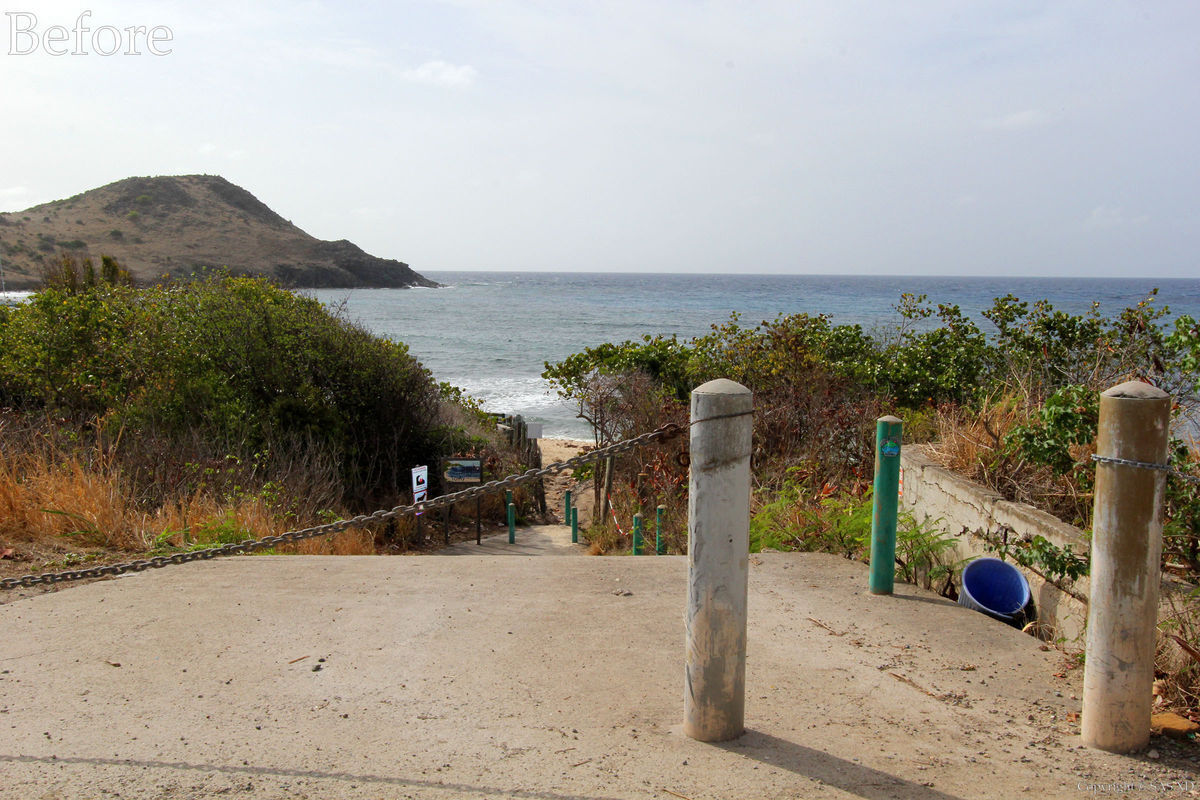 Existing access to Toiny Beach before redesign by Bureau Xavier David.