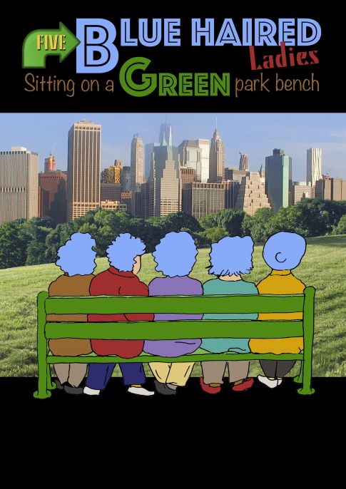 Five Blue Haired Ladies Sitting on a Green Park Bench