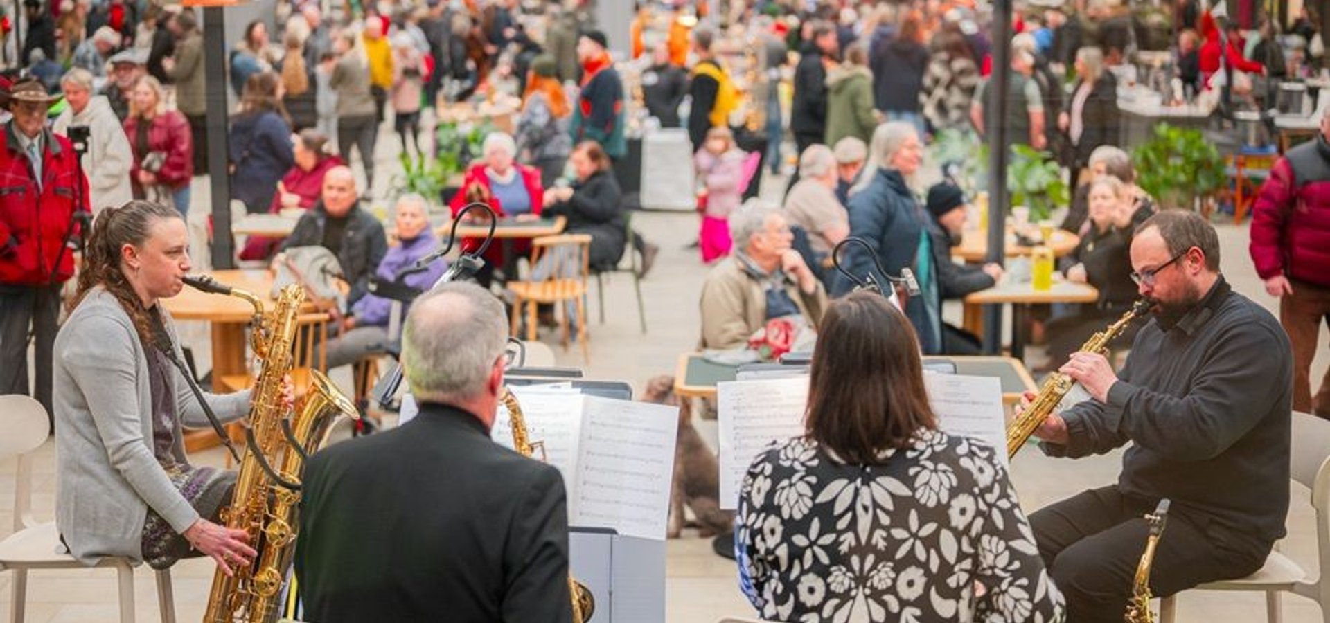 Debry Sax Quartet playing at Derby Market Hall