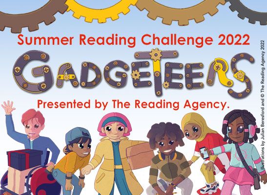 Summer Reading Challenge 2022, Gadgeteers characters illustrated by Julian Beresford. Presented by the Reading Agency, delivered by libraries.