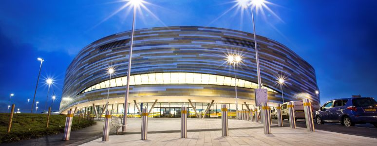 derby arena lit up at night