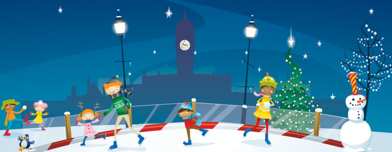 Illustration of families skating on the ice rink at Christmas