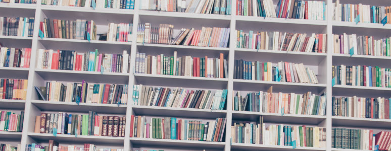 Tall shelves filled with library books.