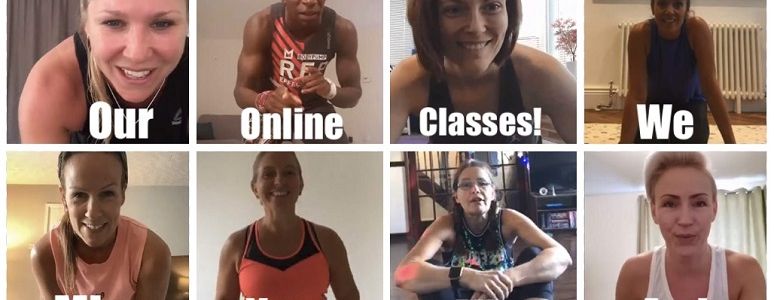 Collage of photos of the heads and shoulders of 16 fitness instructors with the message: We hope you're enjoying our online classes! We miss you all and hope you're staying safe.