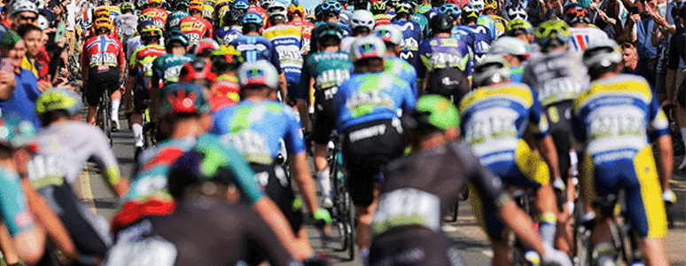 A large group of cyclists riding in unison down a scenic road, showcasing teamwork and enthusiasm for cycling.