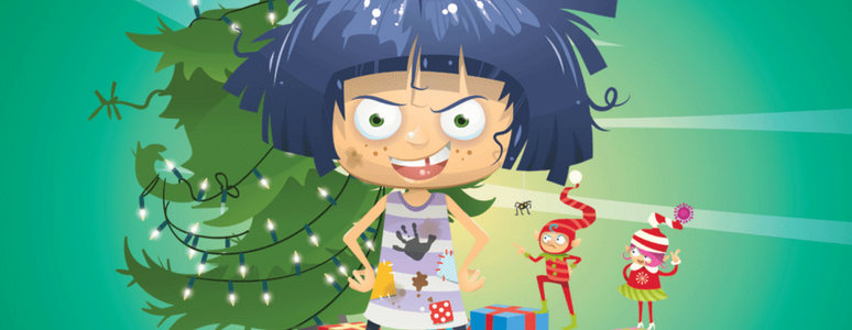 A wild eyed young girl, Meg, stands in front of Christmas tree with Naughty Meg and the Christmas Elves text behind her.