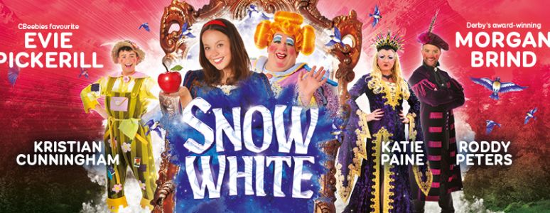 A promotional banner for Snow White showing the cast in full costume