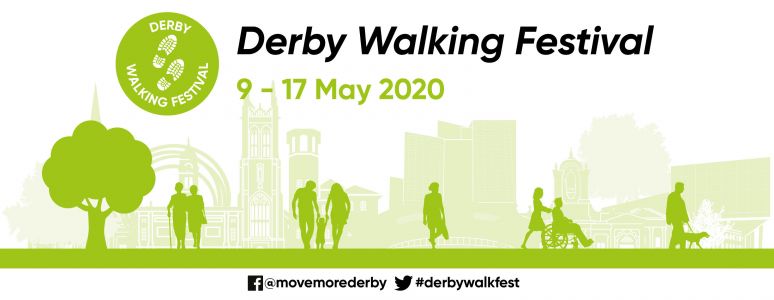 Green and white illustrated image of trees and walkers with Derby Walking Festival written above