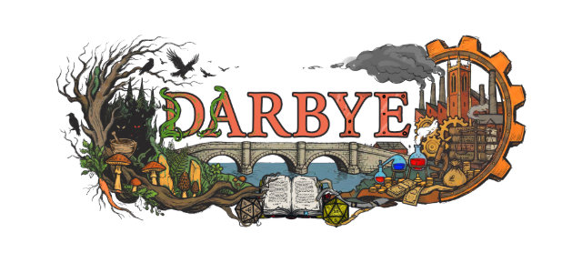 Darbye Logo: the text 'Derbye' surrounded by well known Derby landmarks