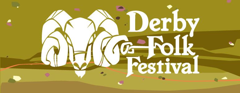 Derby Folk Festival ram logo on a mustard background