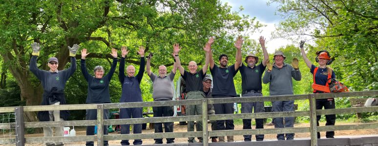 Volunteers celebrate the new duck platform