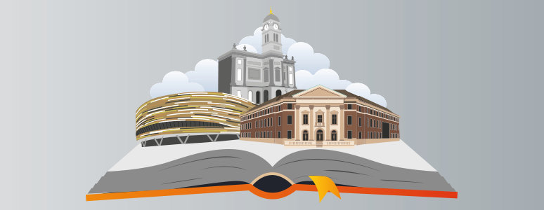 Cartoon of Library building over a large book