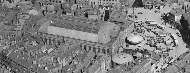 Aerial view of Derby Market Hall, 1920s