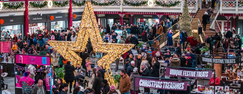 Derby Market Hall with Christmas decorations