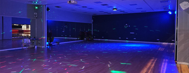 Group exercise class room at Derby Arena with Strobe lights on.