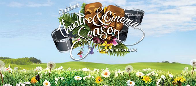 Outdoor Theatre and Cinema season at Markeaton park - theatre mask and film icon over grassy and flowery background