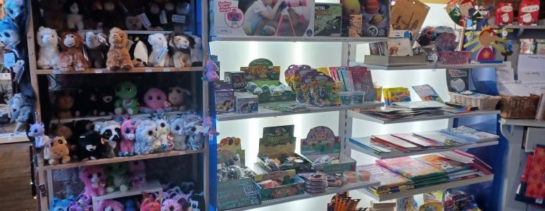 image shows shelving with soft toys and games on 