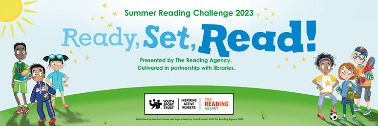 Summer Reading Challenge 2023 new theme 'Ready, Set, Read' is presented by the Reading Agency. Delivered in partnership with libraries.