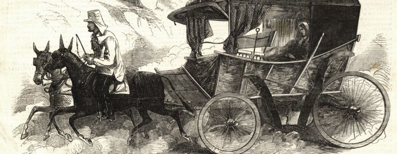 black and white sketch showing a serene Florence Nightingale in a carriage pulled by horses on a rough surfaced road.