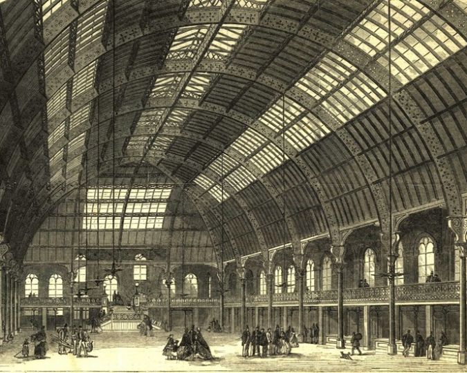 Derby Market Hall balcony in black and white 1864