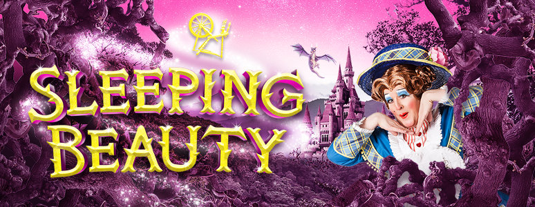 Sleeping Beauty artwork with name of show and dame peering out from behind thorns