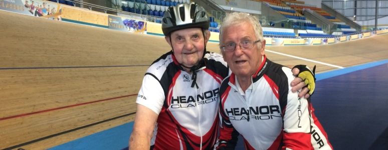 Derek and Don photographed smiling on the Derby Arena track