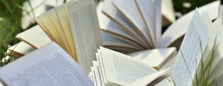 Open books outside on green grass