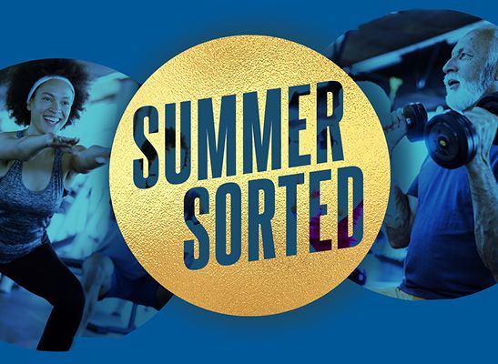 Blue images of people in the gym and gold circle with text in it saying Summer Sorted