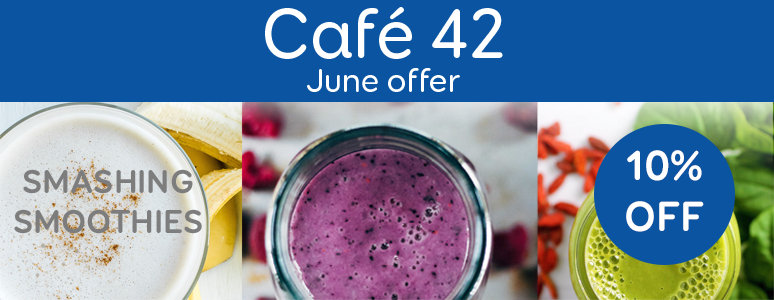 Cafe 42 June offer, three smoothies, 10% off
