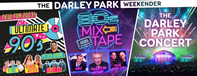 Three images of Ultimate 90s, 80s Mix Tape and The Darley Park Concert.