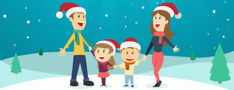 An illustration of a family enjoying the festivities in the snow