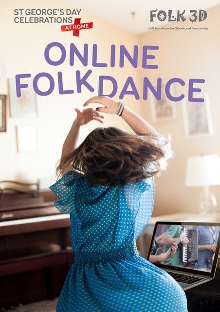 girl in folk dress dancing in front of laptop  with logos for FOLK 3D
