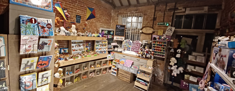 image shows a toy shop setting with shelving holding lots of toys