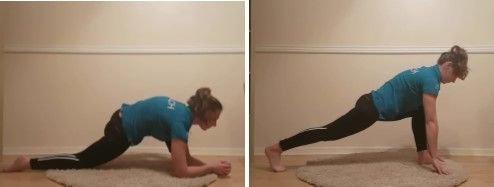 image is the same as previous women leaning forward stretching leg and women in a plank position with one foot forward between hands