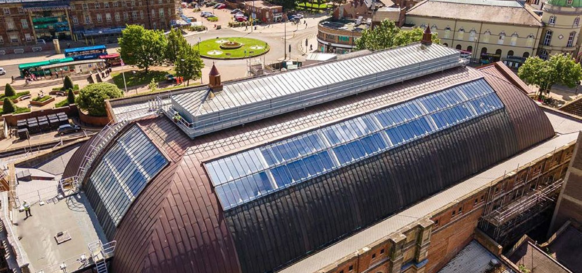 Exterior view of Derby Market Hall looking down at the roof